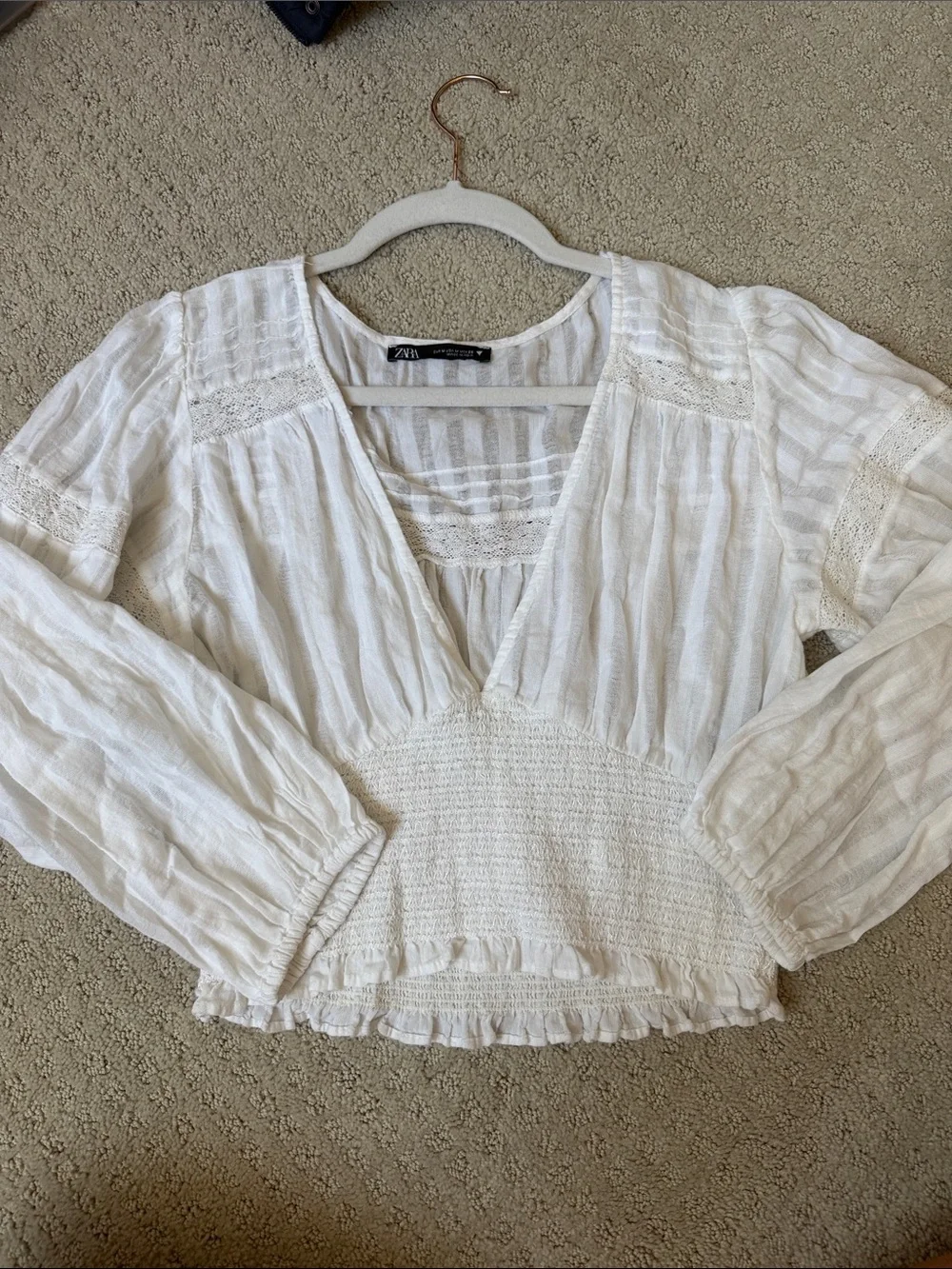 Zara Cream Boho Lace-Trimmed Smocked Peasant Blouse